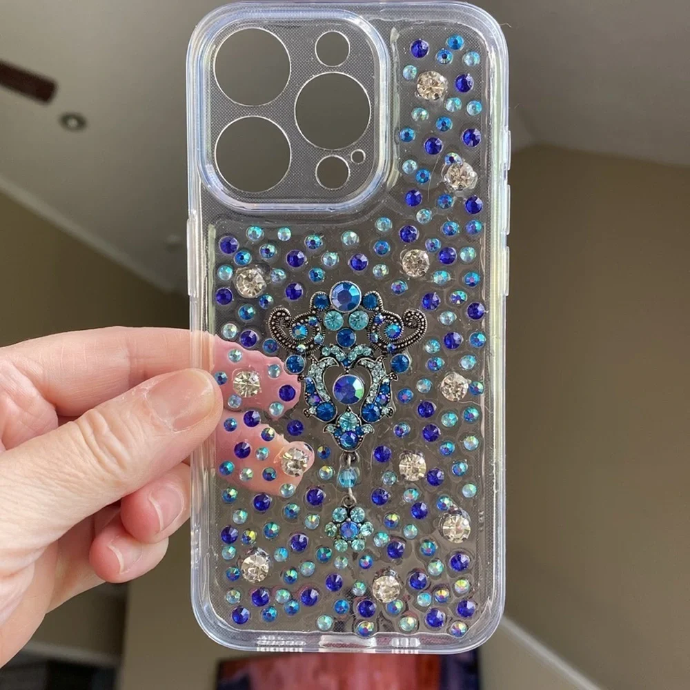 Blue and Silver Rhinestone Vintage Jewel iPhone 15 Pro Case
